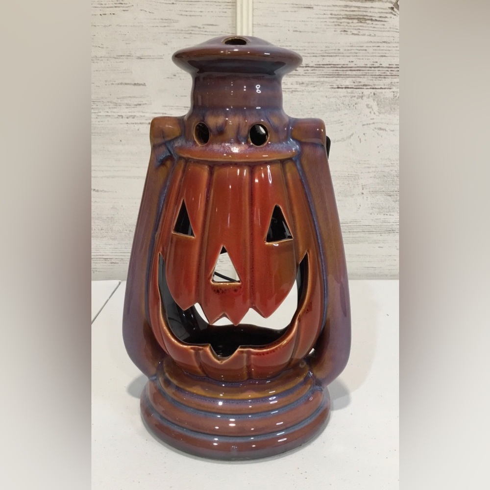 Jack-O-Lantern Halloween Stoneware Pumpkin Pottery Tea Light Candle w/Handle 10"